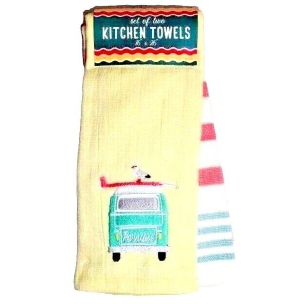 Paradise Beach Van Bus Kitchen Towels Embroidered Surfboard Seagull Striped 2-Pc